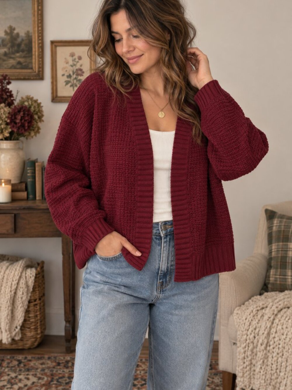 Time and Tru Cardigan Womens L Burgundy Open Front Chunky Knit Cozy Sweater NWT